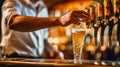 Bartender hand at beer tap pouring a draught beer. Generative AI