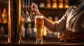 Bartender hand at beer tap pouring a draught beer. Generative AI