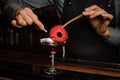 Bartender hands decorating a red cocktail drink with a slice of a beet Royalty Free Stock Photo