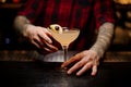 Bartender holding fresh juicy cocktail with orange and cherry Royalty Free Stock Photo