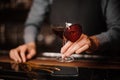 Bartender holding a glass of red decorated alcoholic drink Royalty Free Stock Photo