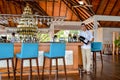 Bartender with huge bottle of alcohol standing near bar