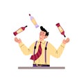 Bartender juggling bottles of alcoholic drinks, vector illustration isolated.