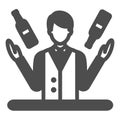 Bartender juggling bottles, barkeeper at work solid icon, bar concept, barman juggler vector sign on white background