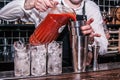 Bartender makes a cocktail bloody mary Royalty Free Stock Photo