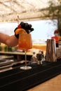 The bartender makes a cocktail in the restaurant at the bar. refreshing summer drinks. bartender at work close-up. mockup