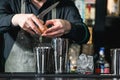 Bartender making relaxing coctail on a bar background Royalty Free Stock Photo