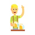 Bartender man character standing at the bar counter with index finger up gesture