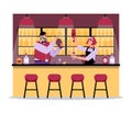 Bartender man and woman mixing and pouring drinks in glasses behind bar counter, flat vector illustration.