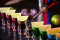 Bartender pouring alcoholic drink into small glasses on bar. Colorful cocktails at the bar. Royalty Free Stock Photo