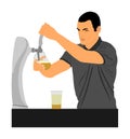Bartender pouring beer for client illustration isolated on white background. Dispensing beer in bar from metal spigots