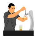 Bartender pouring beer for client illustration isolated on white background. Dispensing beer in bar from metal spigots.