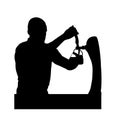 Bartender pouring beer for client vector silhouette illustration on white.