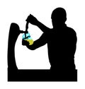 Bartender pouring beer for client vector silhouette isolated on white background. Dispensing beer in bar from metal spigots.