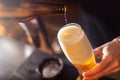 Bartender pouring craft beer in to the glass at bar