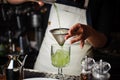 Bartender pouring fresh cocktail in fancy glass Royalty Free Stock Photo