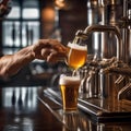 A bartender pouring a frothy pint of beer from a tap into a glass2