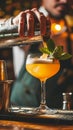 Bartender Pouring a Garnished Cocktail at an Ambient Bar During Evening Hours