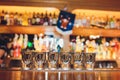 Bartender pouring strong alcoholic drink into small glasses on bar, shots. Royalty Free Stock Photo