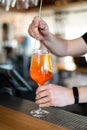 the bartender prepares a beautiful alcoholic cocktail at the bar counter