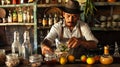 A bartender prepares a cocktail at the bar in an ethnic pub or restaurant. Royalty Free Stock Photo