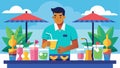 A bartender preparing colourful tropical tails at a poolside tiki bar.. Vector illustration. Royalty Free Stock Photo