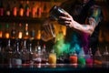 A bartender shaking a cocktail shaker vigorously, creating a captivating visual display while perfectly blending the drink\'s