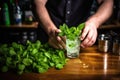 bartender squashing mint leaves for fresh mojito cocktail Royalty Free Stock Photo