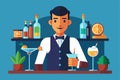 A bartender stands behind a bar, skillfully mixing cocktails with a cheerful demeanor, surrounded by an array of colorful Royalty Free Stock Photo