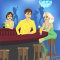 Bartender talks to blonde sitting at bar counter while another woman looks at her jealously Royalty Free Stock Photo