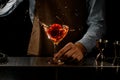 Bartender throwing a red rose bud to a martini glass with a cocktail Royalty Free Stock Photo