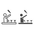 Bartender throws up a bottle of drink line and solid icon, Bartenders Day concept, Bartender juggles drinks sign on