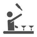 Bartender throws up a bottle of drink solid icon, Bartenders Day concept, Bartender juggles drinks sign on white