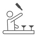 Bartender throws up a bottle of drink thin line icon, Bartenders Day concept, Bartender juggles drinks sign on white