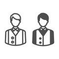 Bartender or waiter in uniform, barkeeper line and solid icon, catering concept, employee vector sign on white