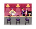 Bartender woman pouring beer and man wiping glasses with towel, bar counter flat vector illustration. Royalty Free Stock Photo