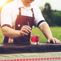 bartender workplace. Selective focus on a bartender who preparing a cocktai, toned image. Concept of preparation cocktail, bar ca Royalty Free Stock Photo