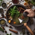 A bartenders hands crushing herbs and spices with a mortar and pestle1 Royalty Free Stock Photo