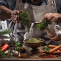 A bartenders hands crushing herbs and spices with a mortar and pestle3 Royalty Free Stock Photo