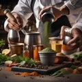 A bartenders hands crushing herbs and spices with a mortar and pestle4