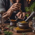 A bartenders hands crushing herbs and spices with a mortar and pestle2 Royalty Free Stock Photo