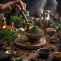 A bartenders hands crushing herbs and spices with a mortar and pestle1 Royalty Free Stock Photo