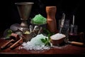 bartenders tools, crushed ice, and mojito ingredients