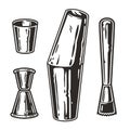 Bartending set with cocktail shaker, muddler, jigger. Chromed metal bar tool for barman or bartender Royalty Free Stock Photo