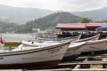 Bartin Amasra coast near fishing boats harbor trees, sea and sky Royalty Free Stock Photo