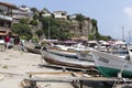 Bartin Amasra coast near fishing boats harbor trees, sea and sky Royalty Free Stock Photo