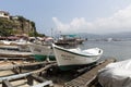 Bartin Amasra coast near fishing boats harbor trees, sea and sky Royalty Free Stock Photo