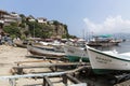 Bartin Amasra coast near fishing boats harbor trees, sea and sky Royalty Free Stock Photo