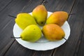 Bartlett pears of varying degrees of ripeness