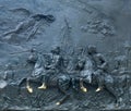 Bas-relief depicting the Battle of Poltava in 1709 on pedestal of monument to Peter the Great in front of Saint Michael`s Castle,